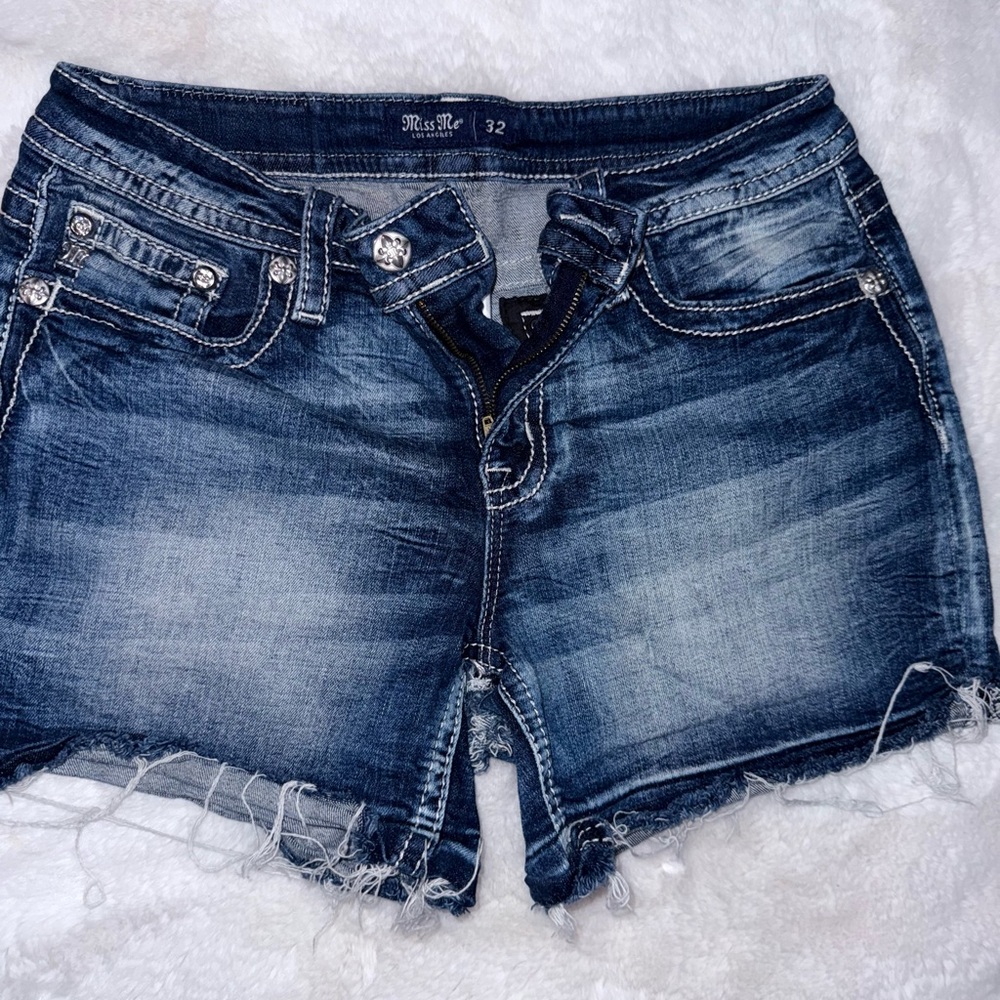 Miss Me Distressed Dark Blue Jean Shorts